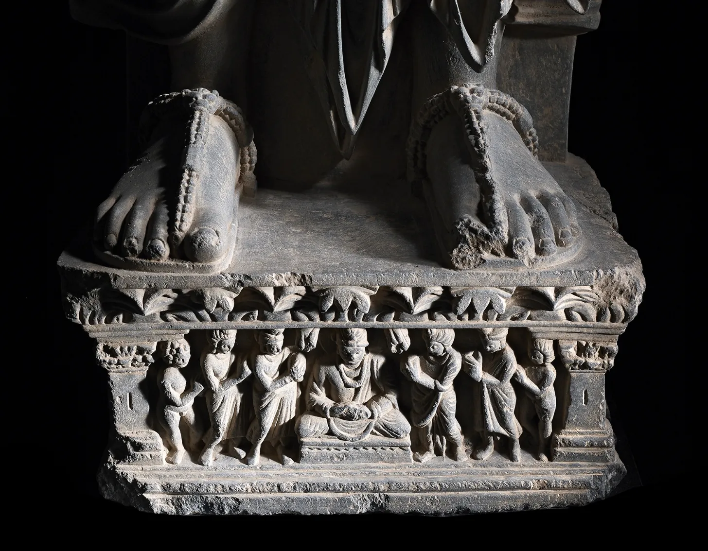 Close up look of : A grey schist figure of Maitreya