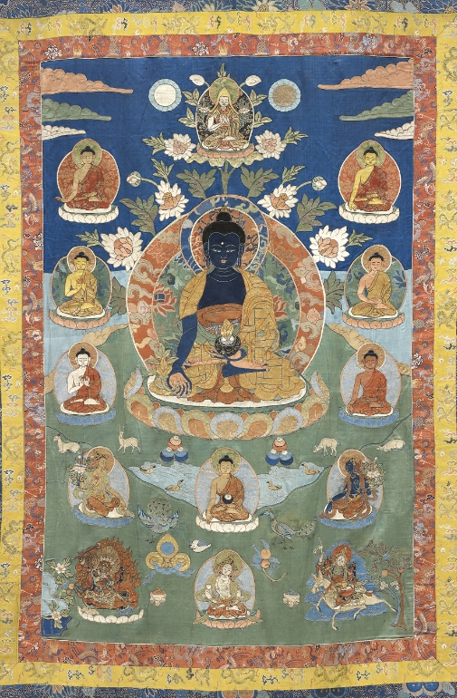 A silk appliqué thangka of Bhaishajyaguru