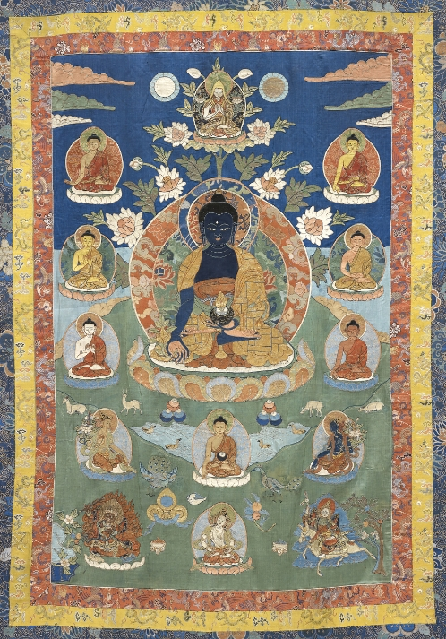 A silk appliqué thangka of Bhaishajyaguru