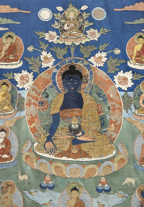 A silk appliqué thangka of Bhaishajyaguru